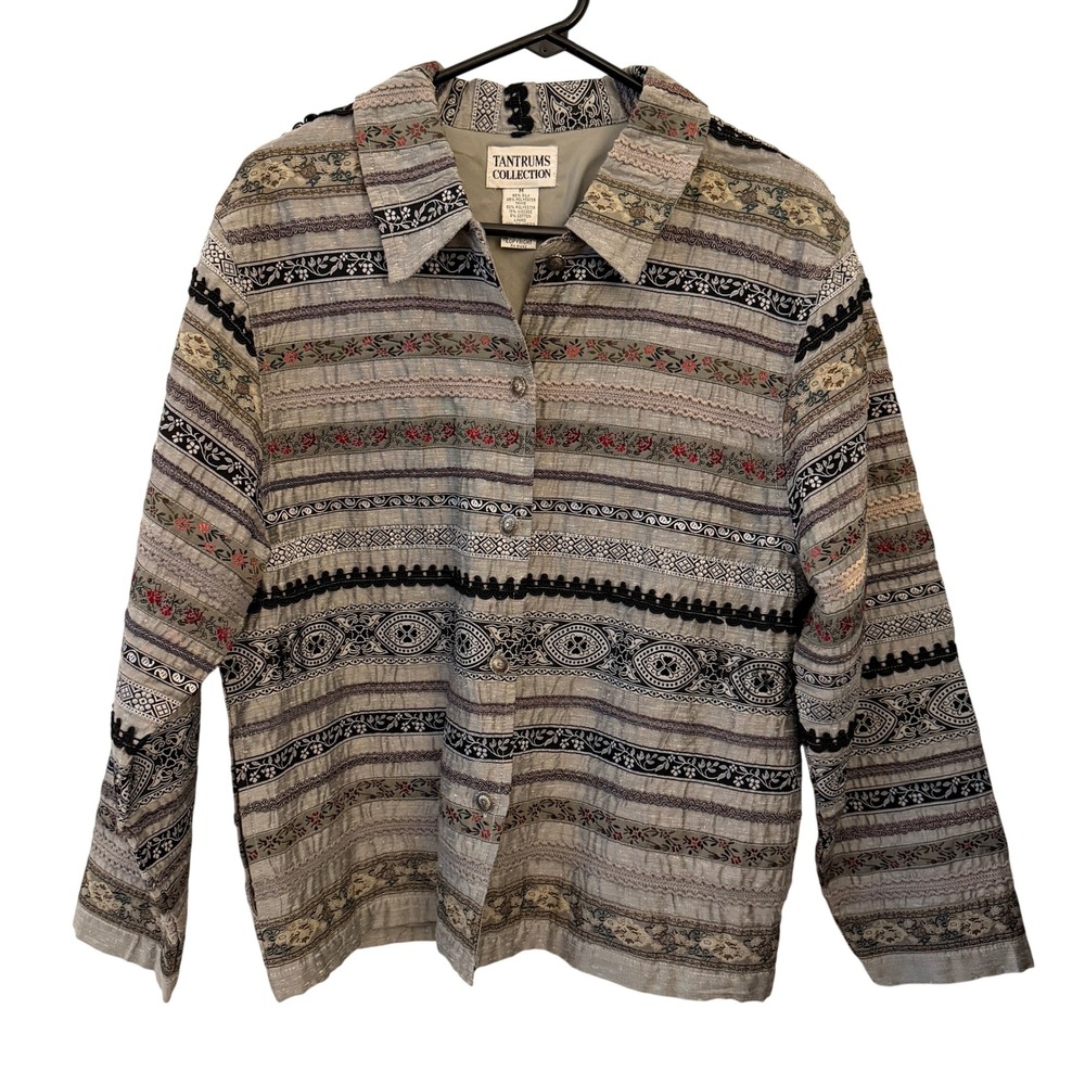 Tantrums Collection Silk Blend Jacket Womens Medium Grey Embroidered Boho Exc